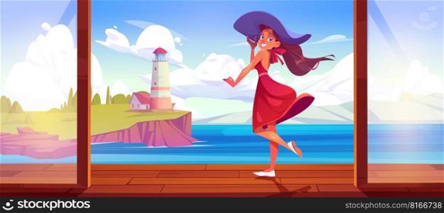 Girl on terrace with sea lighthouse view scene vector cartoon background. Ocean shore with cliff landscape. Female tourist in hotel on vacation. Peaceful rocky nature nautical horizon.. Girl on terrace with sea lighthouse view scene