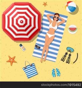 Girl on the beach with a bikini. Summer time. Beautiful woman wearing lying on the beach on a white and blue striped towel. Vector illustration in flat style. summer holidays on beach with sunbathing girl