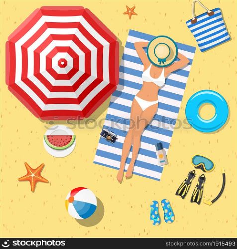 Girl on the beach with a bikini. Summer time. Beautiful woman wearing lying on the beach on a white and blue striped towel. Vector illustration in flat style. summer holidays on beach with sunbathing girl