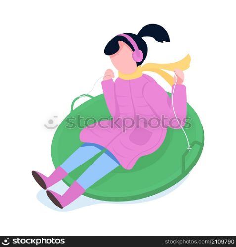 Girl on tube slide semi flat color vector character. Riding figure. Full body person on white. Winter activity isolated modern cartoon style illustration for graphic design and animation. Girl on tube slide semi flat color vector character