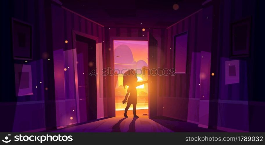 Girl open door entering home. Child silhouette in doorway on background of sunset landscape. Vector cartoon illustration of empty dark corridor with kid leaving house. Girl open door entering home at sunset