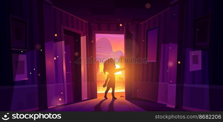Girl open door entering home. Child silhouette in doorway on background of sunset landscape. Vector cartoon illustration of empty dark corridor with kid leaving house. Girl open door entering home at sunset