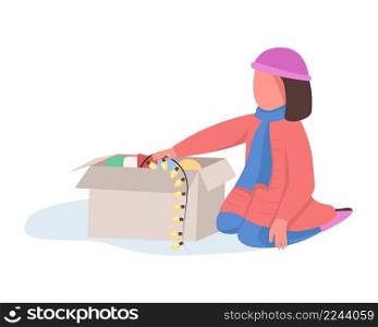 Girl opens christmas decorations semi flat color vector character. Sitting figure. Full body person on white. Winter activity simple cartoon style illustration for web graphic design and animation. Girl opens christmas decorations semi flat color vector character