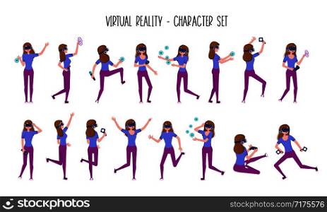 Girl or teenager in Virtual Reality headset or VR helmet. Casual woman, Set of isolated cartoon female characters full length. Front, side, back views, gestures. Vector flat. character VR concept