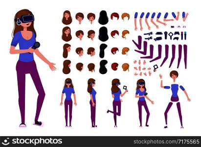 Girl or teenager in Virtual Reality headset or VR helmet. Cartoon character creation set, constructor. Different views and projections, emotions, postures and gestures. Vector flat infographic. character VR concept