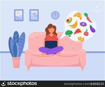 Girl ordering food via mobile app. Woman using laptop at home, buying fruits, vegetables and desserts in supermarket or grocery store flat vector illustration. Delivery service, online order concept. Girl ordering food via mobile app