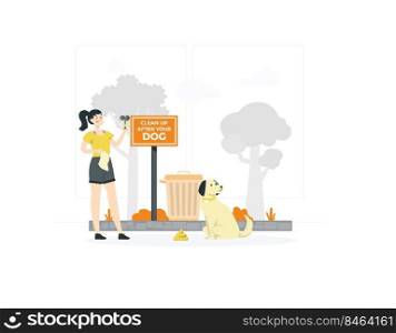 girl owner is cleaning excrements with a scoop and a paper bag
