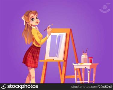 Girl painter draws on canvas with brush. Vector cartoon illustration of beautiful woman artist with paintbrush, easel with picture and stool with paints and glass jar with water. Girl painter draws on canvas with brush