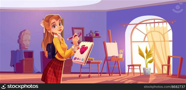 Girl painter in art studio with canvas and brushes on easel, paints on shelves and colored pencils. Vector cartoon illustration of artist workshop interior and woman with notebook and pencil. Girl painter in art studio with canvas and brushes