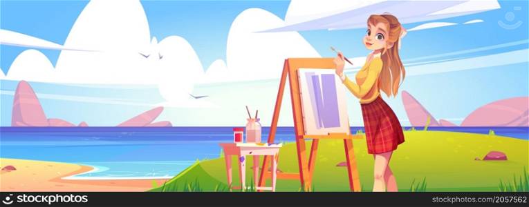 Girl painter with brush and easel on sea beach on plein air. Vector cartoon illustration of summer landscape of ocean shore with sand and grass and woman artist painting on canvas. Girl painter on sea beach on plein air