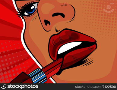 Girl paints her lips with red lipstick. The beauty of the face, makeup. Vector illustration in pop art retro comic style