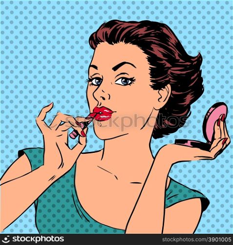 Girl paints lips with lipstick cosmetics beauty perfumes pop art. Girl paints lips with lipstick cosmetics beauty perfumes pop art retro comic vintage