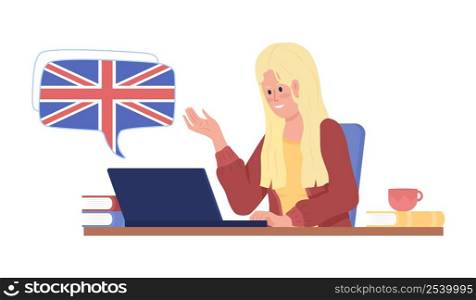 Girl participating in video class of British English semi flat color vector character. Sitting figure. Half body person on white. Simple cartoon style illustration for web graphic design and animation. Girl participating in video class of British English semi flat color vector character