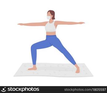 Girl participating in yoga session semi flat color vector character. Full body person on white. Yoga class during pandemic isolated modern cartoon style illustration for graphic design and animation. Girl participating in yoga session semi flat color vector character