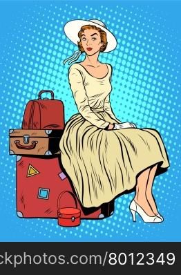 girl passenger baggage travel trip pop art retro style. The woman and his things. Moving with Luggage. Shipping and transportation. girl passenger baggage travel trip