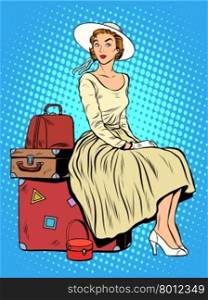 girl passenger baggage travel trip pop art retro style. The woman and his things. Moving with Luggage. Shipping and transportation. girl passenger baggage travel trip