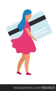 Girl paying with credit card semi flat color vector character. Full body person on white. Payment for online purchases isolated modern cartoon style illustration for graphic design and animation. Girl paying with credit card semi flat color vector character