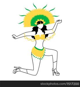 Girl performing samba flat silhouette vector illustration. Traditional fest. Carnaval wear. Dancing woman 2D isolated outline character on white background. Latino lady on heels simple style drawing