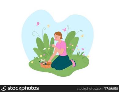 Girl picking up flowers 2D vector web banner, poster. Outdoor recreation. Smiling woman sniffing daisies flat character on cartoon background. Spring blossom printable patch, colorful web element. Girl picking up flowers 2D vector web banner, poster