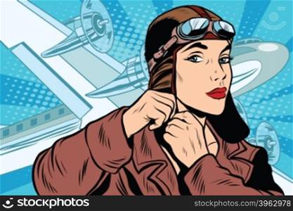 girl pilot prepares for departure pop art retro style. Travel and planes. Air transport. girl pilot prepares for departure