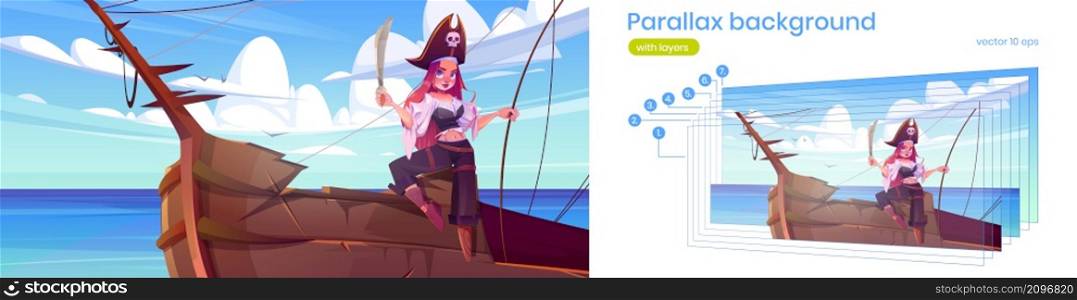 Girl pirate holding sword on wooden ship. Vector parallax background for 2d animation with cartoon sea landscape with pretty woman in buccaneer costume and hat with skull sign on boat deck. Parallax background with girl pirate on ship