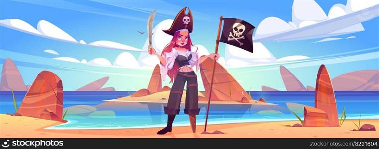 Girl pirate on beach with jolly roger flag and sword. Young sexy woman in filibuster captain costume, cocked hat and wooden leg prosthesis stand on rocky island sea shore, Cartoon vector illustration. Girl pirate on beach with jolly roger flag, sword