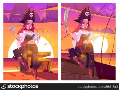 Girl pirate on beach with treasure chest, filibuster captain woman with sword on ship deck. Young sexy female buccaneer in cocked hat and wooden leg prosthesis on sea view, Cartoon vector illustration. Girl pirate on beach with treasure chest or ship