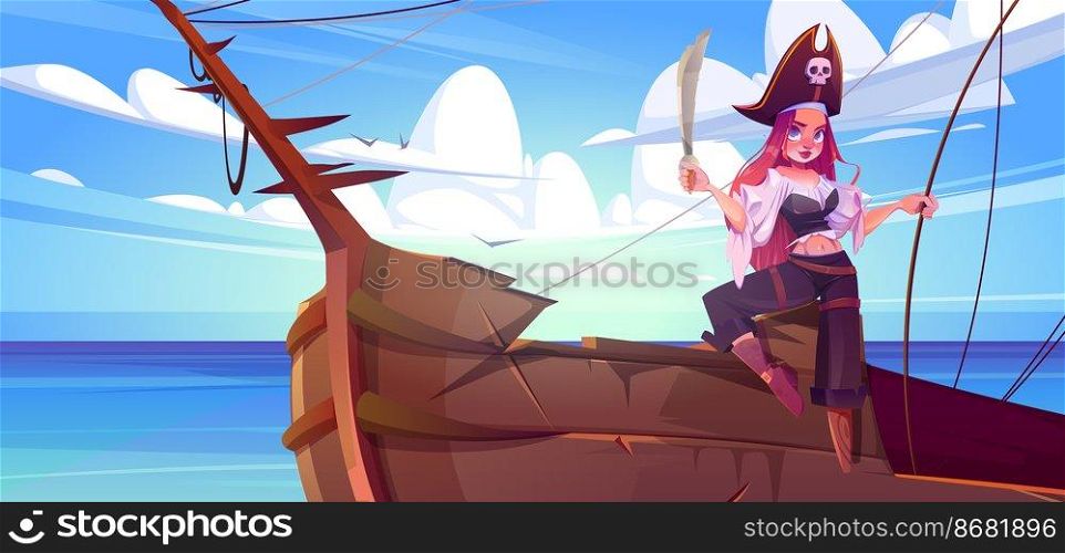 Girl pirate with sword on ship deck. Female captain with red hair, wooden leg and hat with skull sign. Vector cartoon sea landscape with pretty woman in buccaneer costume on boat. Girl pirate with sword on ship deck