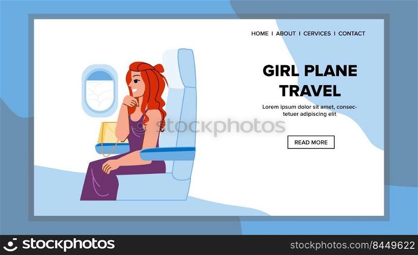 girl plane travel vector. woman airport, vacation flight, business airplane girl plane travel web flat cartoon illustration. girl plane travel vector