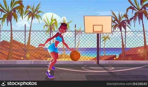 Girl play basketball on street court beach and sea vector background. Basket ball game stadium on ocean shore view. City sport competition arena with african american black skin woman. Girl play basketball on street court beach and sea