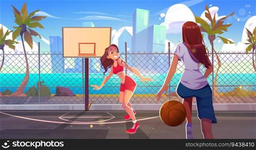 Girl play basketball on street court beach and sea vector background. basket ball game stadium with cityscape on ocean shore. Skyscraper view from city sport arena and competition between woman. Girl play basketball on street court beach and sea