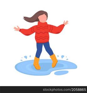Girl play in puddle semi flat color vector character. Dynamic figure. Full body person on white. Autumnal activity isolated modern cartoon style illustration for graphic design and animation. Girl play in puddle semi flat color vector character