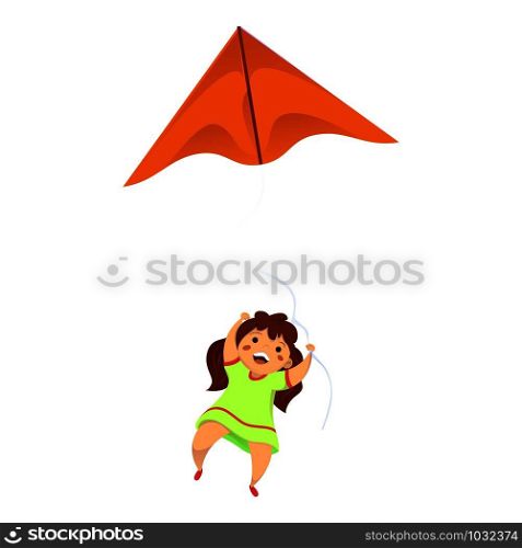 Girl play orange kite icon. Cartoon of girl play orange kite vector icon for web design isolated on white background. Girl play orange kite icon, cartoon style