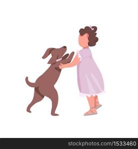 Girl play with dog flat color vector faceless characters. Little toddler want to hug cute puppy. Embrace doggy. Happy childhood isolated cartoon illustration for web graphic design and animation. Girl play with dog flat color vector faceless characters