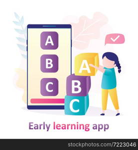 Girl playing educational game with cubes. Early learning application on mobile phone screen. Child learns the alphabet using app. Concept of online education and technology. Flat vector illustration. Girl playing educational game with cubes. Early learning application on mobile phone screen. Child learns the alphabet using app