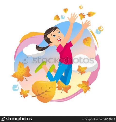 Girl playing in the park throwing up leaves. Cartoon vector illustration isolated on white background. The concept of outdoor recreation for children the park. Little girl throws casting in the park