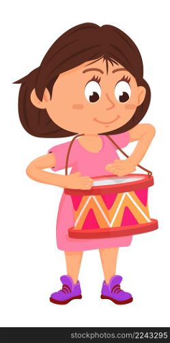 Girl playing on drum. Creative kid in cartoon style isolated on white background. Girl playing on drum. Creative kid in cartoon style