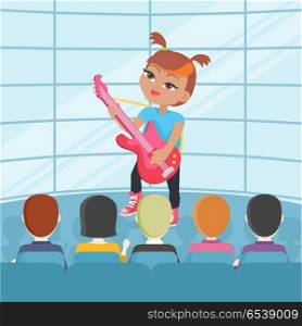 Girl Playing on Guitar on Stage. Girl playing on guitar isolated on stage. Adorable little girl has leisure time. Young singer at music lesson. Toddler on stage play on musical instrument in flat style. Daily activity. Vector