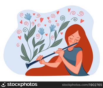 Girl playing wind musical instrument. Woman with flute practicing or studying. Flutist lady giving performance or having rest. Entertainment or composing new harmonic melodies. Vector in flat style. Woman playing flute, girl with musical instrument