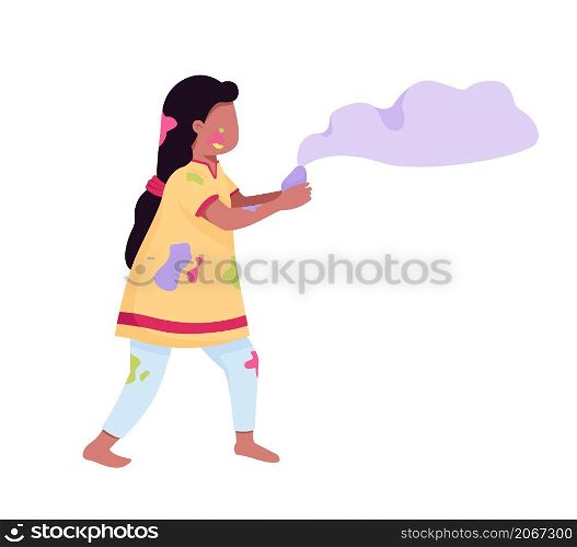 Girl playing with paint semi flat color vector character. Dynamic figure. Full body person on white. Holi festival isolated modern cartoon style illustration for graphic design and animation. Girl playing with paint semi flat color vector character