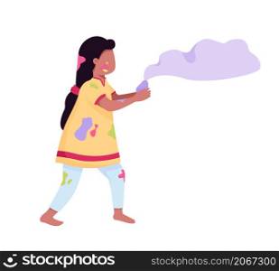 Girl playing with paint semi flat color vector character. Dynamic figure. Full body person on white. Holi festival isolated modern cartoon style illustration for graphic design and animation. Girl playing with paint semi flat color vector character