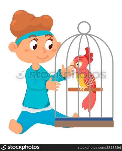 Girl playing with parrot. Kid speaking with bird in cage. Vector illustration. Girl playing with parrot. Kid speaking with bird in cage