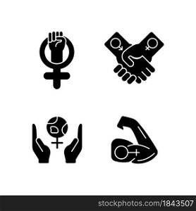 Girl power black glyph icons set on white space. Leadership in movement. Equitable relationships. Feminism support. Mentally strong women. Silhouette symbols. Vector isolated illustration. Girl power black glyph icons set on white space