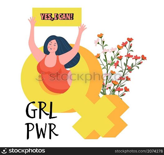 Girl power concept. Young woman in feminine symbol holding banner. Protest or feminism vector metaphor. Female empower, empowerment femininity illustration. Girl power concept. Young woman in feminine symbol holding banner. Protest for feminism vector metaphor