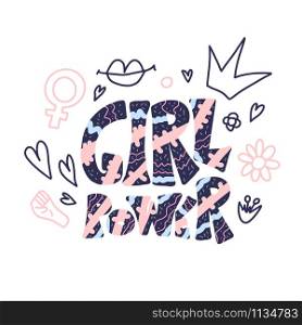 Girl power emblem. Quote with decoration isolated on white background. Vector color illustration.