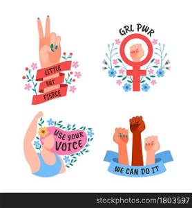 Girl power. Female movement feminist symbols. Woman society and solidarity stickers and labels, activist motivation slogan, inspiration card or poster collection vector hand drawn cartoon isolated set. Girl power. Female movement feminist symbols. Woman society and solidarity stickers and labels, activist motivation slogan, inspiration card or poster vector hand drawn cartoon isolated set