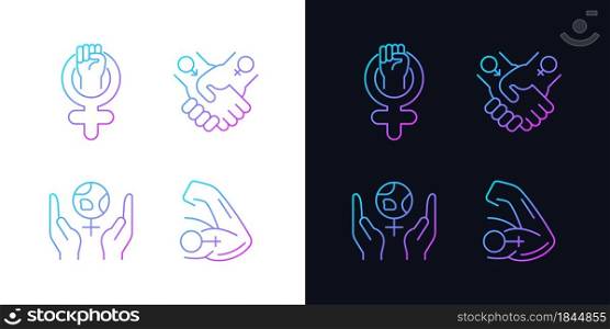 Girl power gradient icons set for dark and light mode. Leadership in movement. Feminism support. Thin line contour symbols bundle. Isolated vector outline illustrations collection on black and white. Girl power gradient icons set for dark and light mode