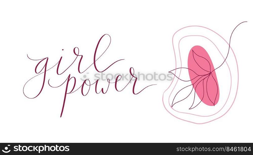 Girl power handwritten lettering with leaf and abstract shapes background vector. Girl power handwritten lettering with leaf and abstract shapes background