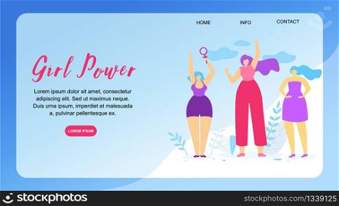Girl Power Horizontal Banner with Copy Space. Venus Mirror. Female Sign and Feminism Symbol in Girls Hand. Three Multicultural Women Raising Fists in Solidarity. Cartoon Flat Vector Illustration.. Girl Power Horizontal Banner with Copy Space.