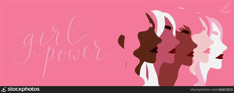 Girl power lettering. Group of women of diverse skin color illustration vector. Girl power lettering. Group of women of diverse skin color illustration